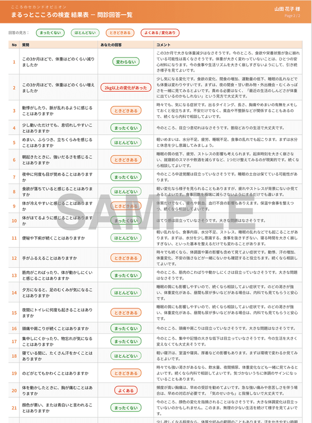 プログラム2 こころのバランスチェック 結果表 問診回答一覧 見本 2ページ目